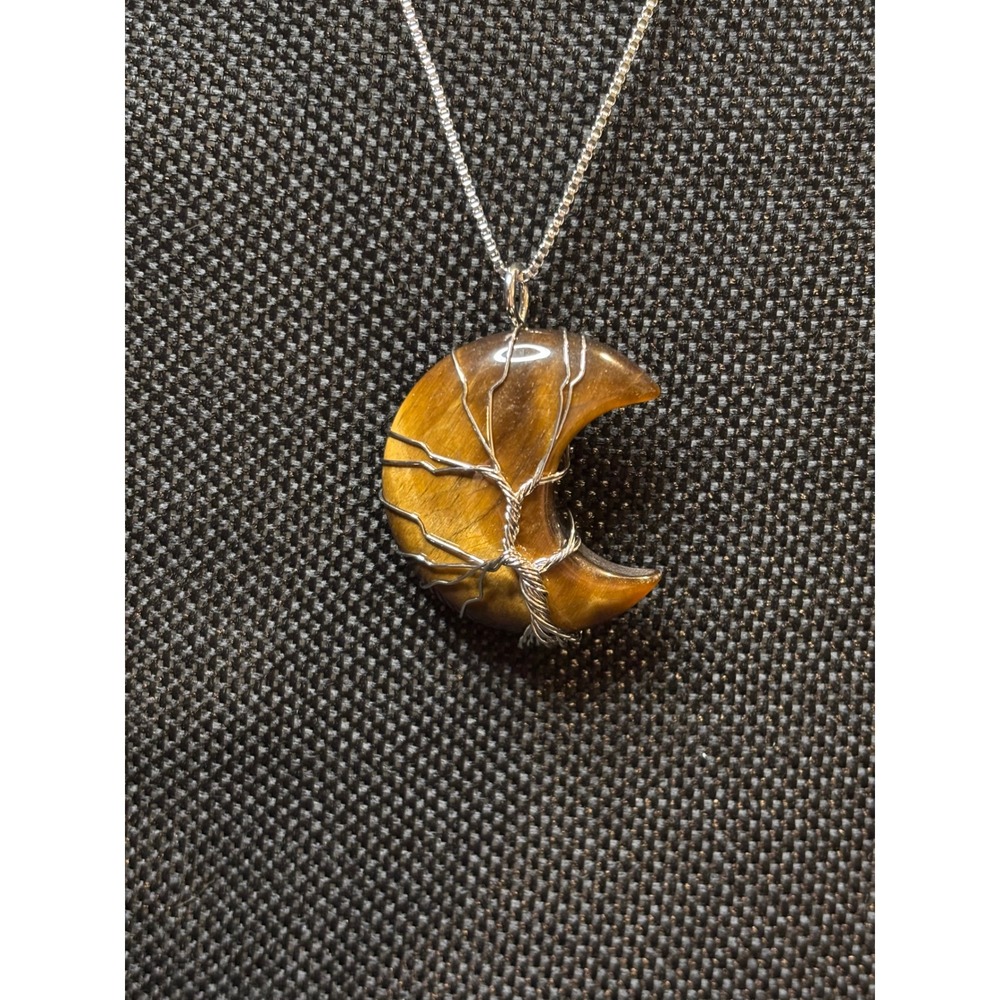 Tigers Eye Crescent Moon Tree of Life Wire Wrapped Necklace Stainless Steel